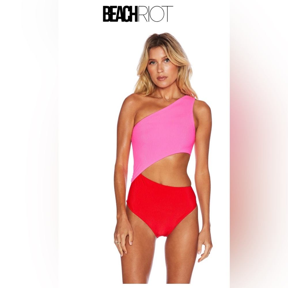 BEACH RIOT Celine One Piece Neon Pink Red Colorblock size Small.